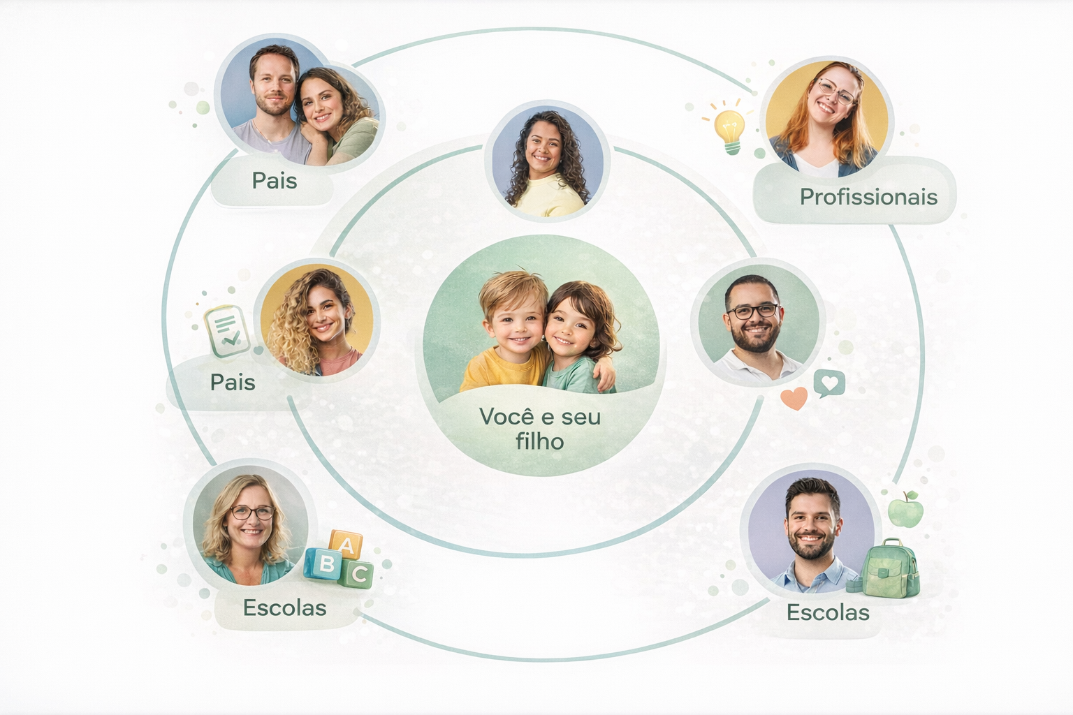 Infográfico mostrando a conexão entre Escola, Clínica e Família através da tecnologia Teaplay